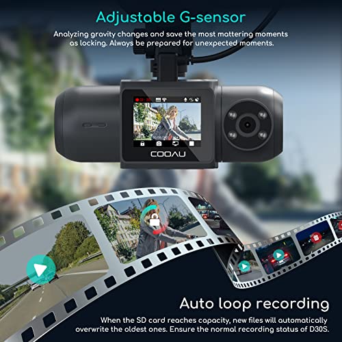 COOAU D30S 4K Dash Cam with GPS Wi-Fi, Front and Inside Dual 2.5K 1080P, Uber Car Camera with Infrared Night Vision, Supercapacitor, 4 IR LEDs