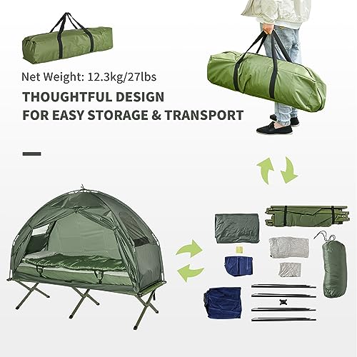 Outsunny Multifunctional Folding Camping Cots for Adults, Elevated Tent with Sleeping Bag, Thick Air Mattress Pad