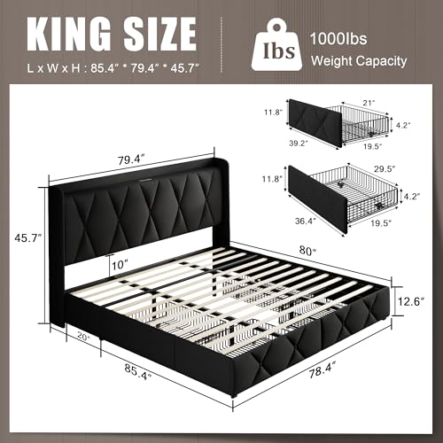 Queen Bed Frame with 4 Storage Drawers and Charging Station, Upholstered Platform Bed Frame with Storage Headboard, No Box Spring Needed