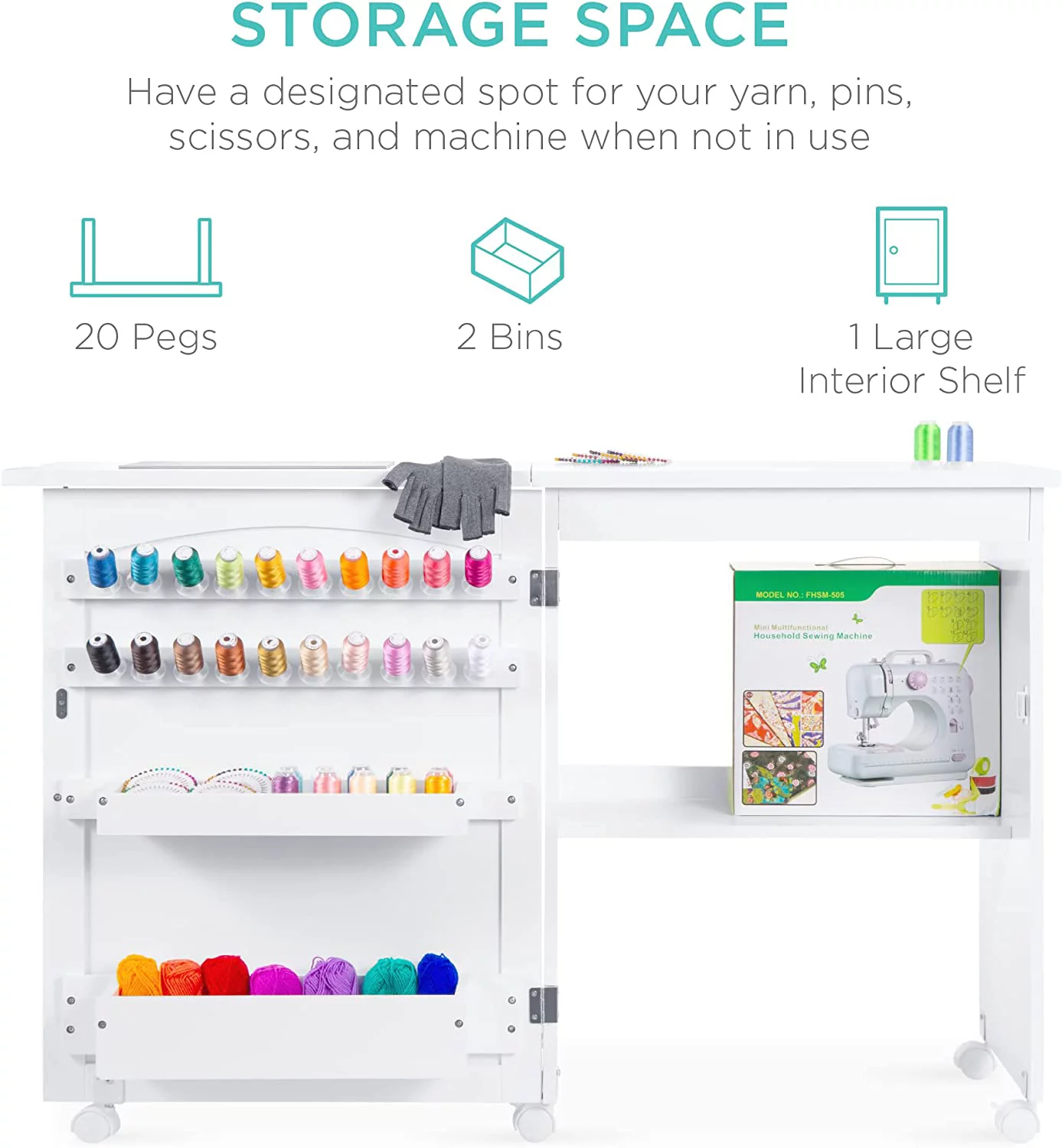 Folding Sewing Table Multipurpose Craft Station & Side Desk with Compact Design, Wheels, Shelves, Bins, Pegs, Magnetic Doors, Metal Doorknobs