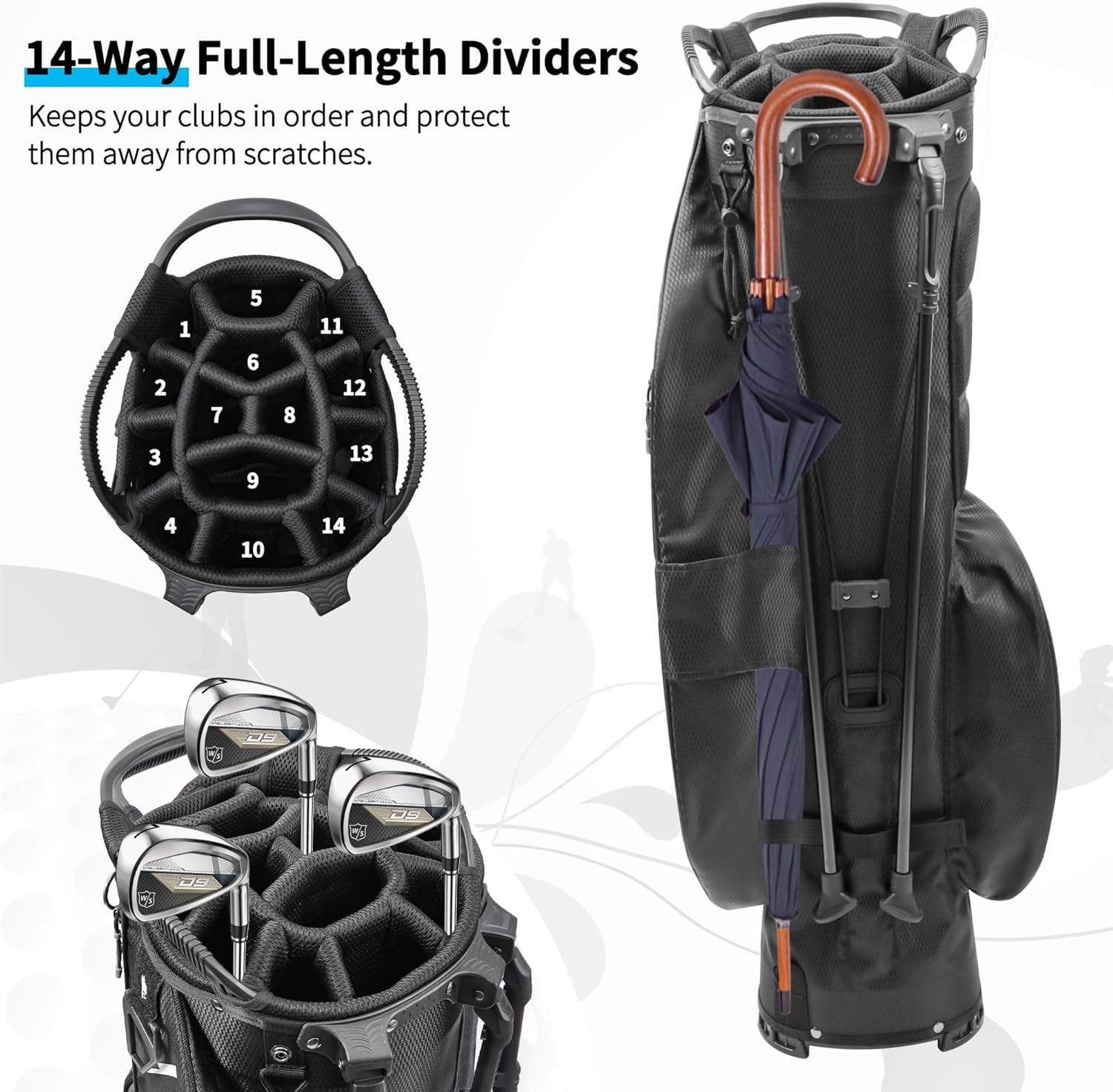 Golf Stand Bag 14 Way Full-Length Dividers with Stand, Lightweight Waterproof Golf Bag, 8 Pockets, Cooler Pouch,Golf Club Bag for Men, Dual Strap