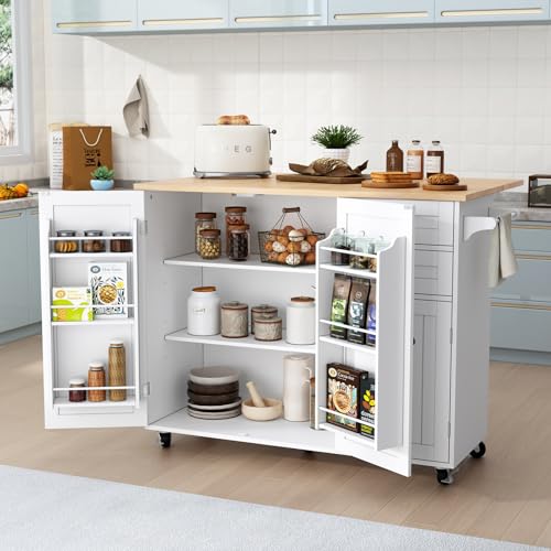 HLR Kitchen Island with Storage, Rolling Kitchen Island on Wheels with Drop-Leaf Bar Countertop
