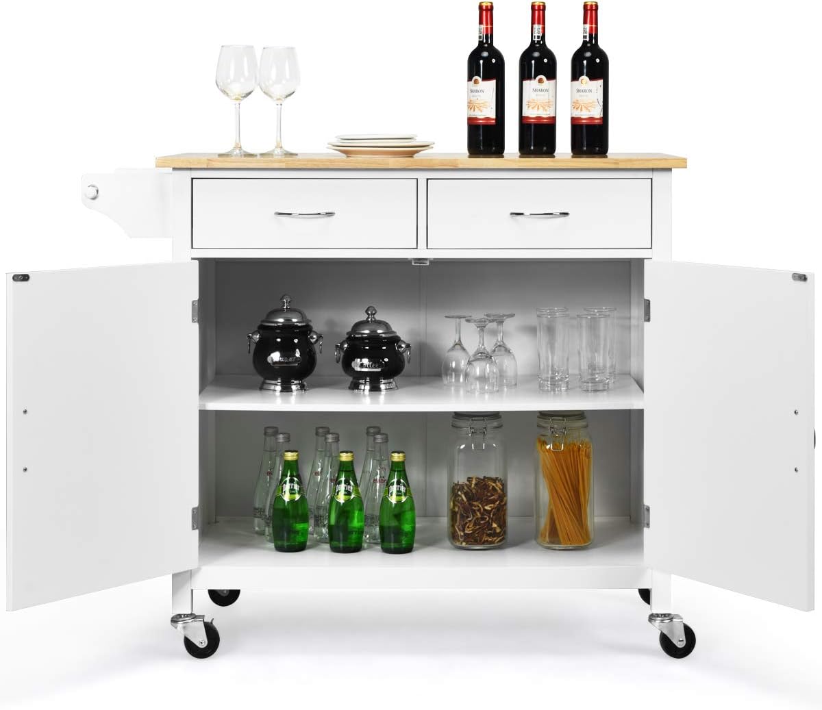 WATERJOY Rolling Kitchen Buffet Cart, Wood Utility Kitchen Storage Island Cart with Wood Top, Antique White(43 x 19.5 x 35.5)