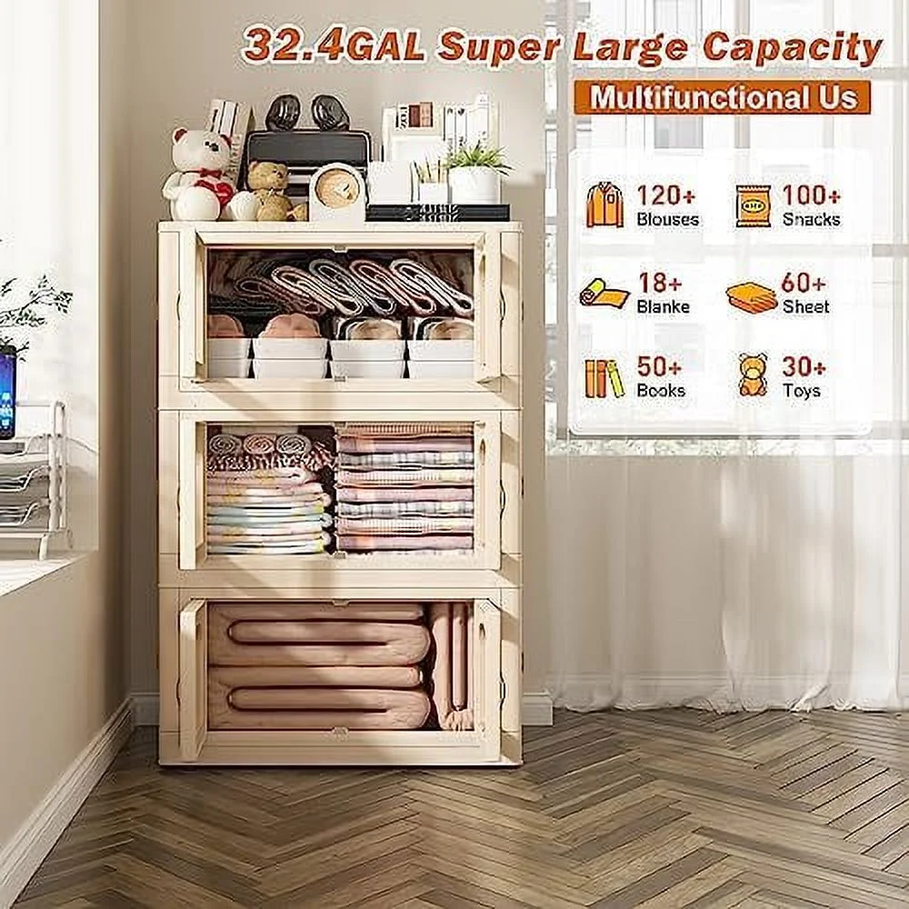 GVJMTKP 75 GAL Stackable  Bins with Lids for Closet Organizers Collapsible  Bins with Door and Wheels Trunk Car Folding  Containers Box for Bedroom