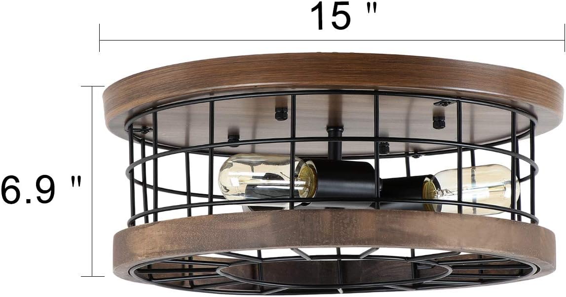 Anmytek Ceiling Light Fixture Rustic Chandelier Flush Mount Ceiling Light Excellent Metal Wood Frame Cage Industrial Pendant Lighting Brown Finishing