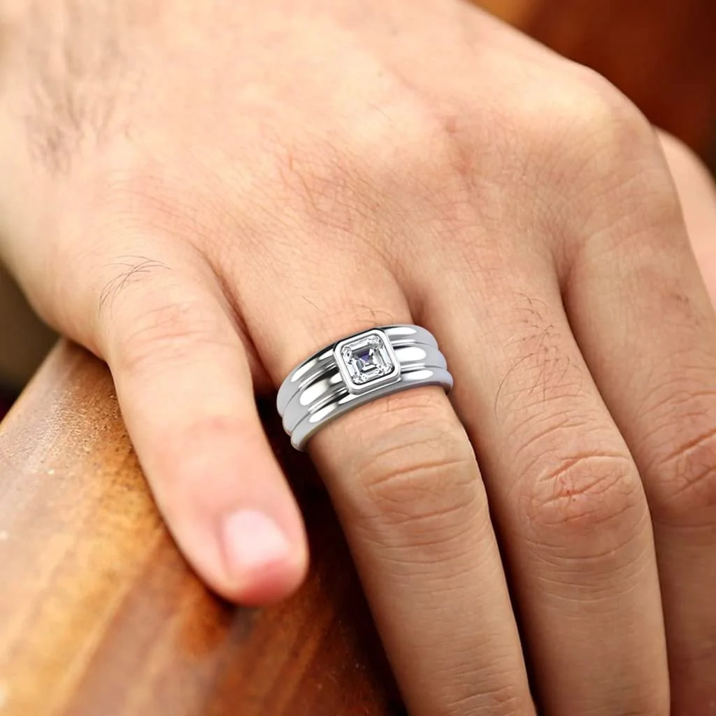 Asscher GIA Certified Natural Diamond 3/4 ctw High Polished Solitaire Men Wedding Band 14K White Gold-11.0