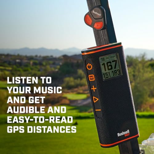 Bushnell Golf Wingman View GPS Speaker | LCD Screen, Magnetic Mount, Music & Audible Distances for 36,000+ Courses, Wireless Remote, 36-Hole Battery