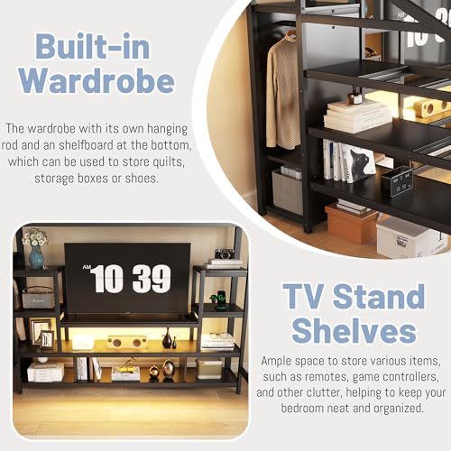 Queen Loft Bed with L-Shaped Desk and Stairs,Metal Queen Size LoftBed with Wardrobe and Adjustable Shelf, Gaming Bed with LED and USB