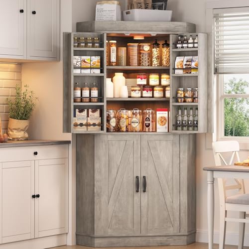 Corner Cabinet, Kitchen Pantry Cabinet, Storage Cabinet with 4 Doors and Shelves, Kitchen Cabinet, Pantry Cabinet