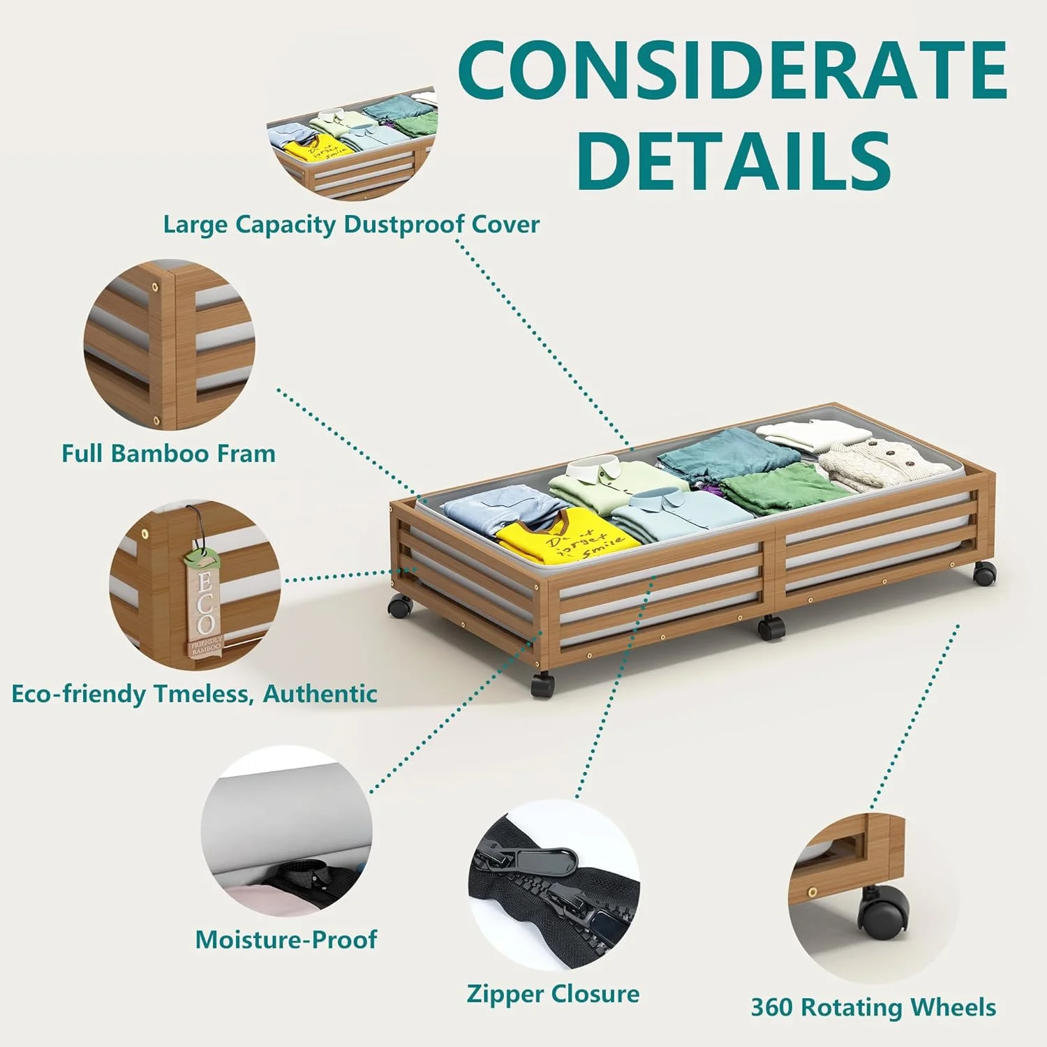 Bamboo Under Bed Storage Containers- Underbed Organizer with Wheels with Large Capacity Dust Bag
