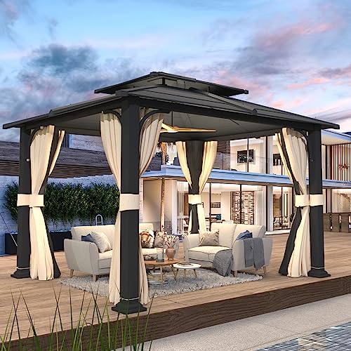 EROMMY 12'x20' Hardtop Gazebo Double Roof Galvanized Steel Canopy Outdoor Aluminum Frame Permanent Metal Pavilion with Netting and Curtains for Patio