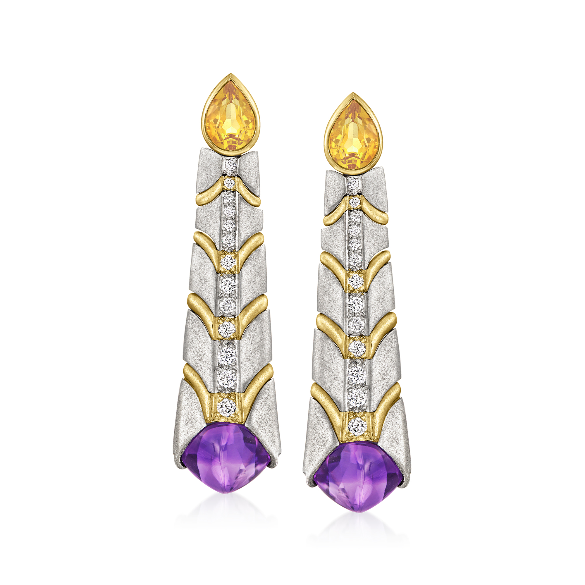 Ross-Simons C. 1980 Vintage 18.00 ct. t.w. Amethyst and 2.40 ct. t.w. Citrine Drop Earrings With .80 ct. t.w. Diamonds in Platinum and 18kt Yellow