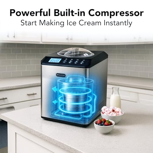 Whynter Ice Cream Maker Machine Automatic 2.1 Qt. Upright with Built-In Compressor, LCD Digital Display & Timer, No Pre-Freezing, ICM-201SB
