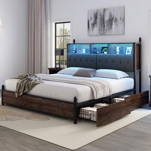 AMERLIFE Full Size Bed Frame with Bookcase Headboard, 4 Storage Drawers, Wooden Platform Bed with Charging Station & LED Light, No Box Spring Needed