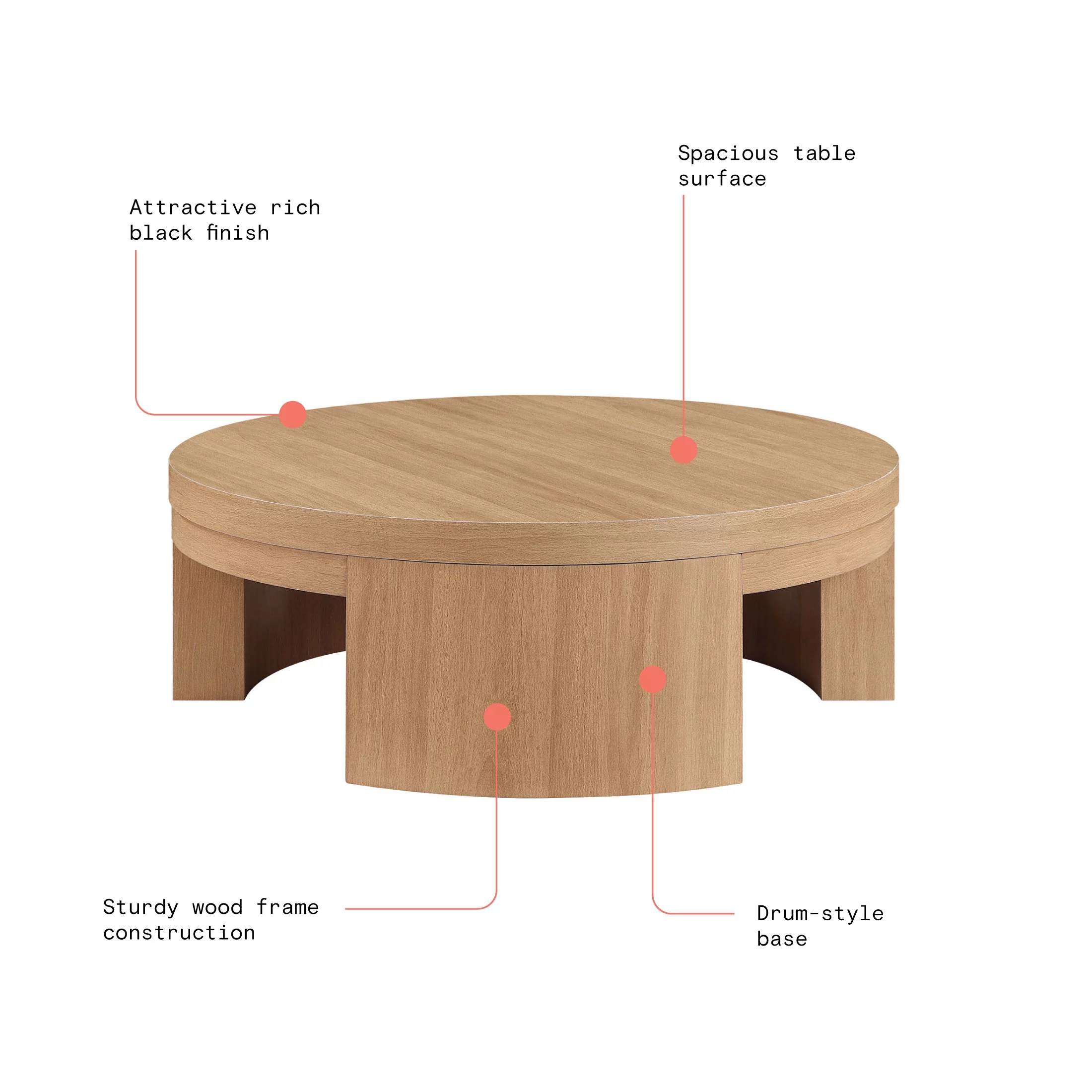 Beautiful Mod Round Coffee Table by Drew Barrymore, Warm Honey Finish - Radiant Selections