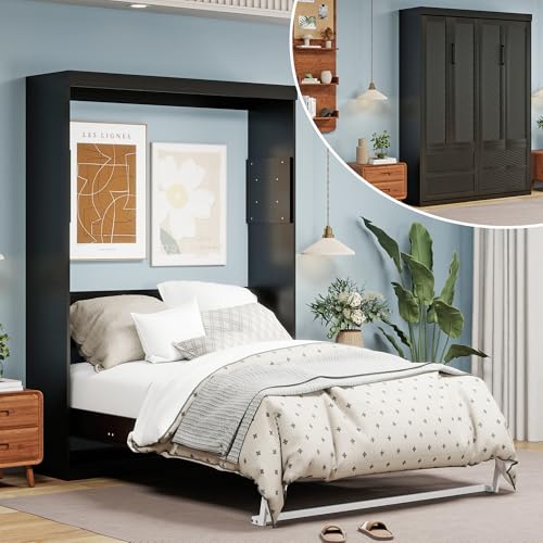 Black Wood Full Size Murphy Bed, Murphy Bed Full Space-Saving Wall Beds