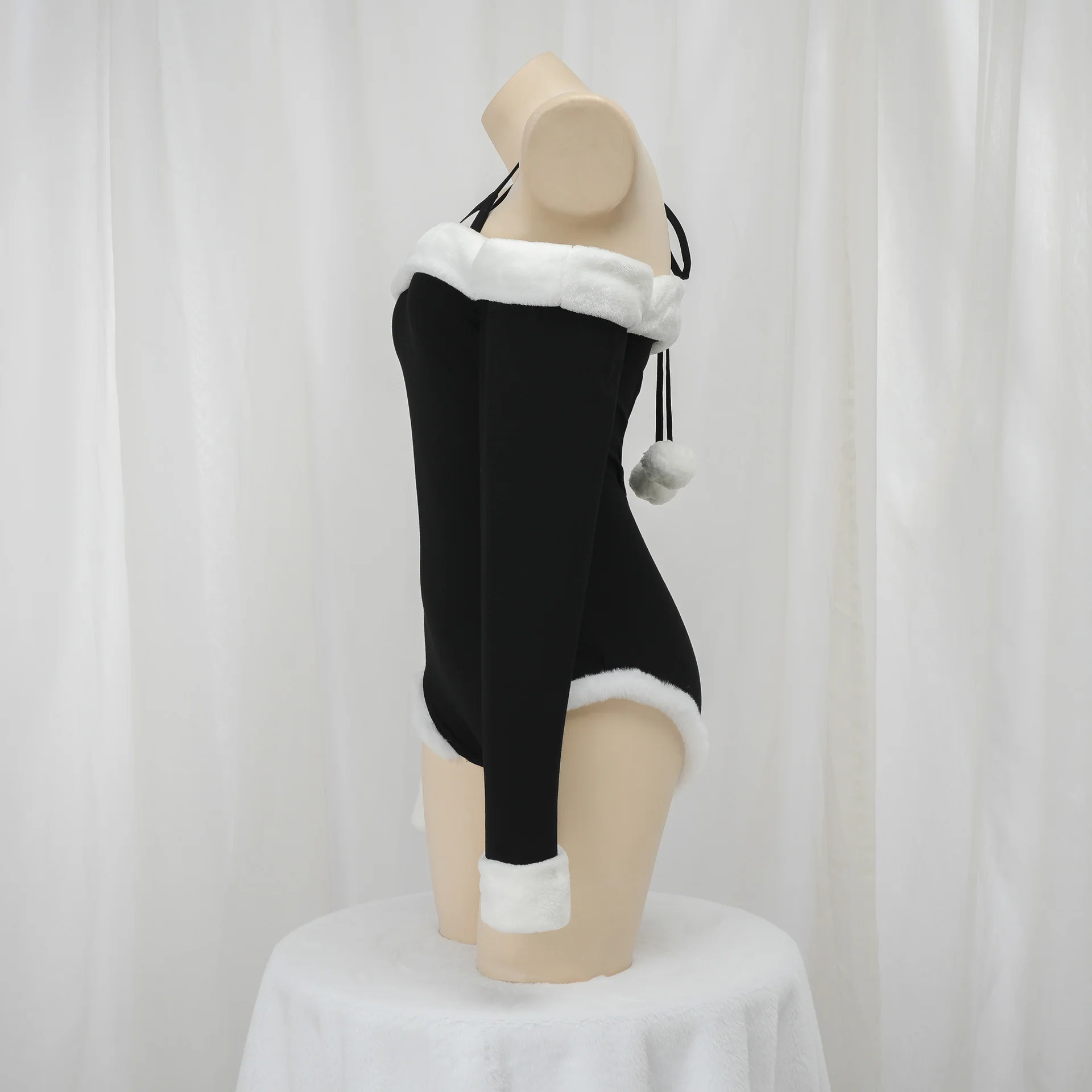 'Monochrome Temptation' Off-Shoulder Fuzzy-Trim Sexy Bodysuit