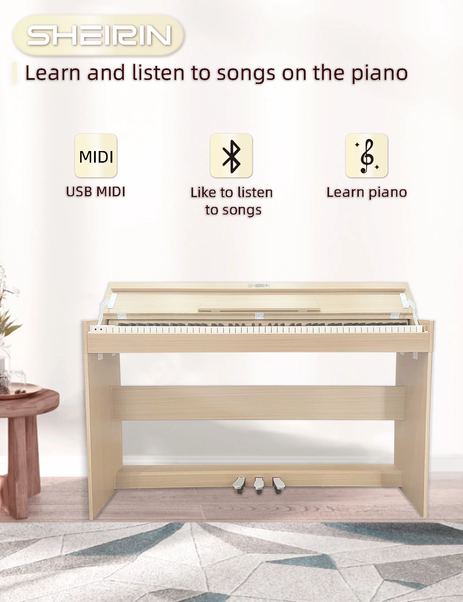 SHEIRIN Digital Piano 88 Key Weighted Stand Cover Hammer Electric Keyboard Pedal Beginner SR-CH80(Beige Color) - Radiant Selections