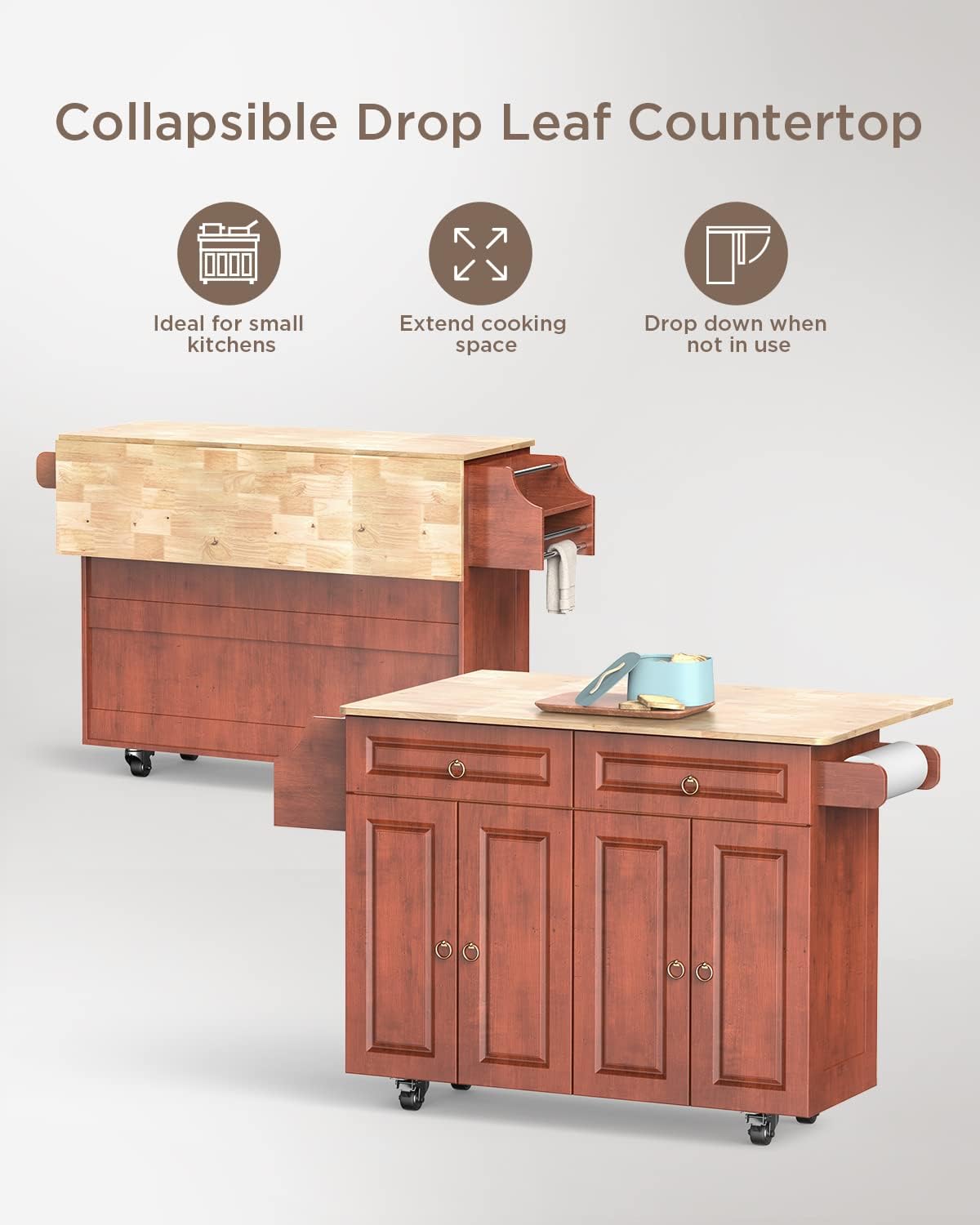 Qsun Kitchen Island with Drop Leaf Countertop