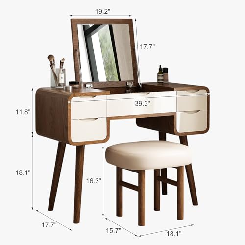 Lartis Flip Top Vanity Table Stylish Makeup Vanity with Stool, Makeup Vanity Desk, Reversible Makeup Mirror, Hidden Storage Compartment