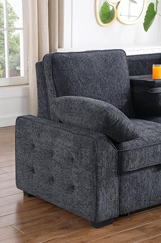 L-Shaped Pull Out Sleep Sofabed,Modern Reversible Sleeper Sectional Sofa Chenille Upholstered Button Tufted Decor with Storage Chaise