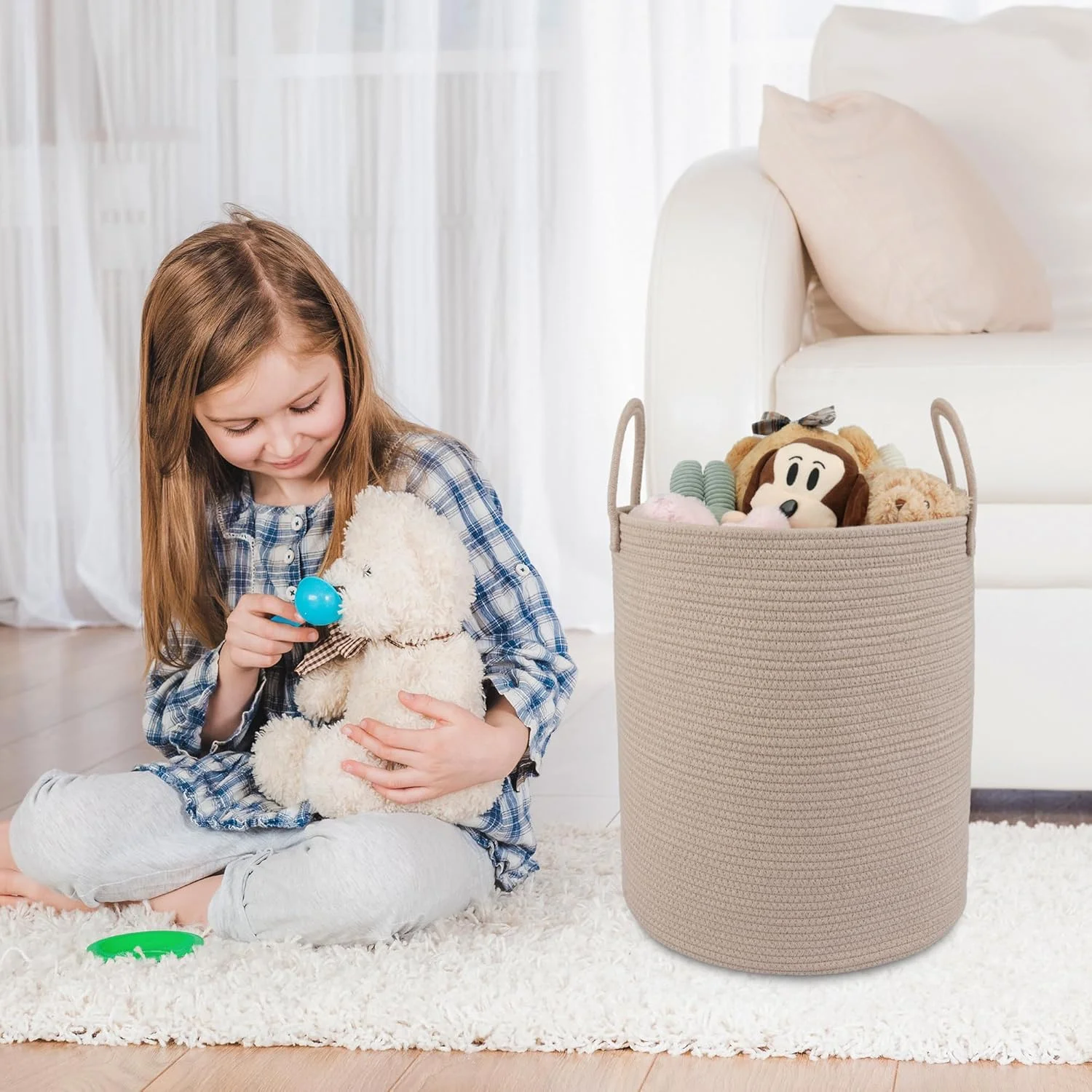 WarmHaven Cotton Rope Laundry Basket Hamper for Clothes Woven Storage Basket for Living Room Bedroom Boho Tall Rope Baskets for Blanket Toys Pillow