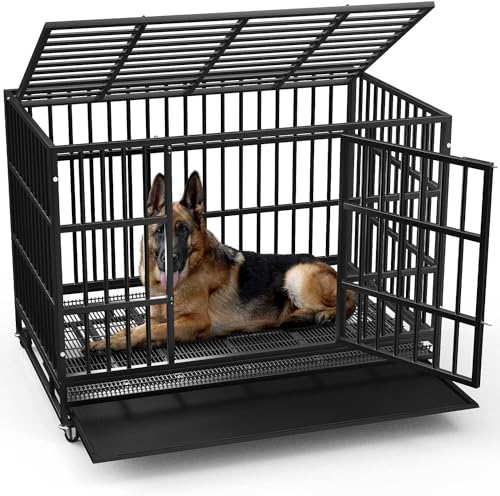 LEMBERI 48/38 inch Heavy Duty Indestructible Dog Crate, Escape Proof Dogs Cage Kennel with Lockable Wheels,High Anxiety Double Door Kennel