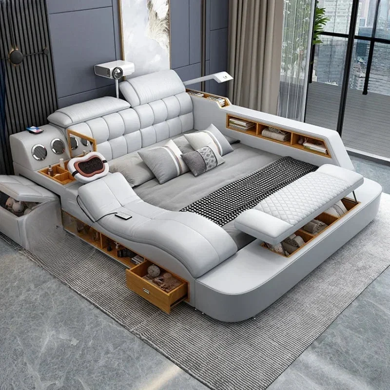 Girl Nordic Aesthetic Double Bed Storage Multifonction Modern King Double Bed Leather Smart Cama Matrimonial Bedroom Furniture