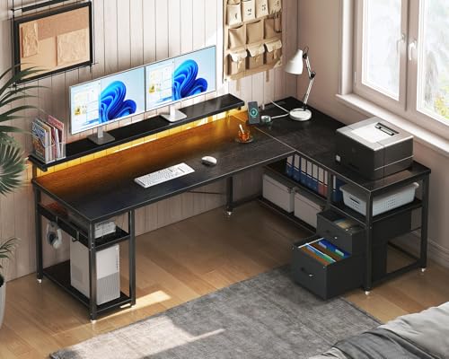 ODK L Shaped Gaming Desk with File Drawers, Reversible Computer Desk with Power Outlets & LED Lights, Home Office Desk with Storage Shelves