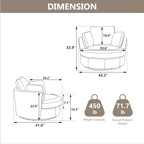 Chifee & Vingol 42.2" Oversized Swivel Accent Chair Round Barrel Chair,Chenille,Beige