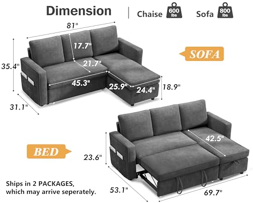 81" Sleeper Sofa Bed with Pull Out Bed, L Shaped Couch Sectional Sleeper Sofa, Pull Out Couch with Reversible Storage Chaise, Side Pockets