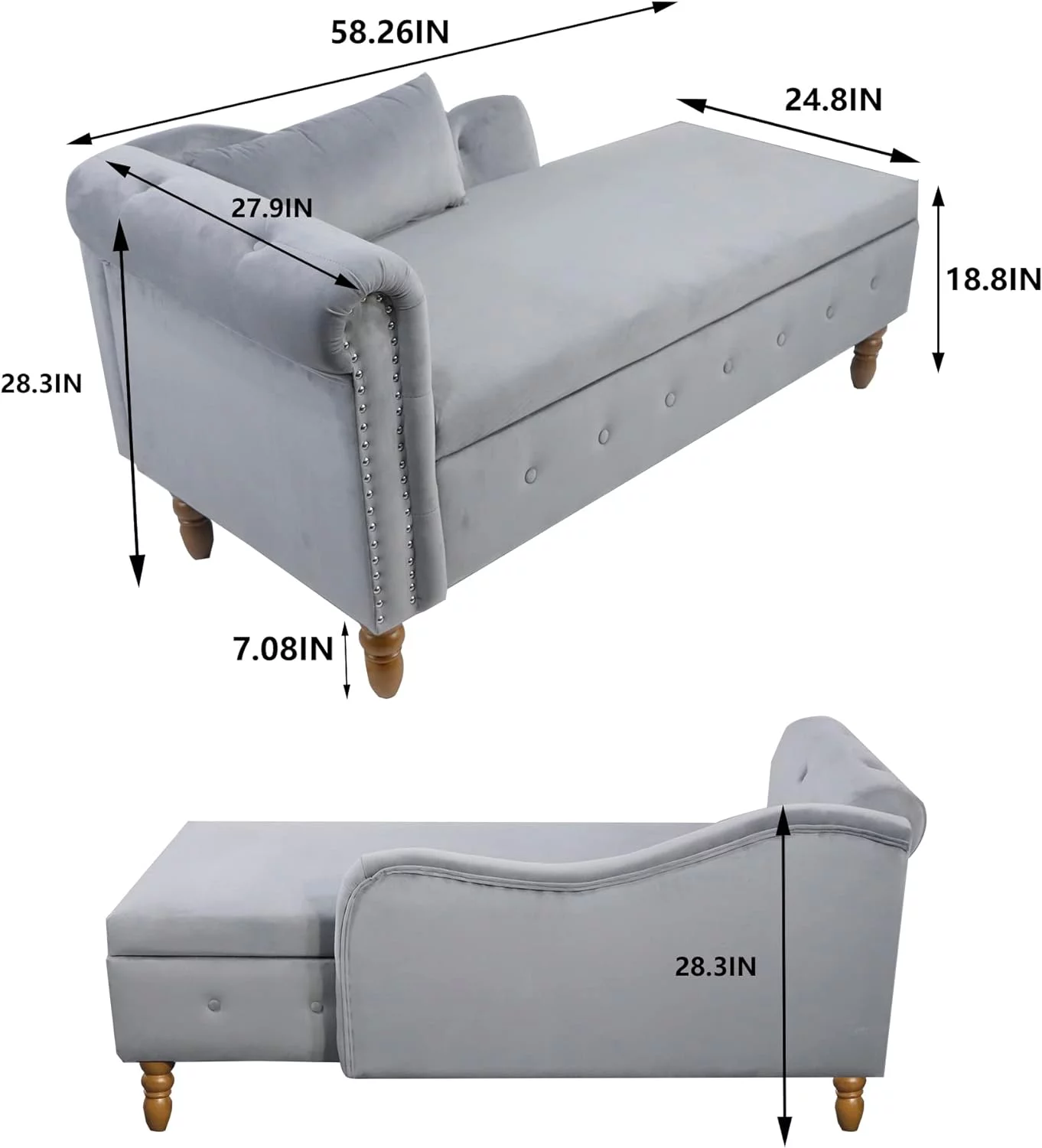 Chaise Lounge Chair Indoor Velvet Bedroom Lounge Chair With Storage & Pillow Modern Upholstered Chaise Lounge With Nailhead Trim Sleeping Long Chair