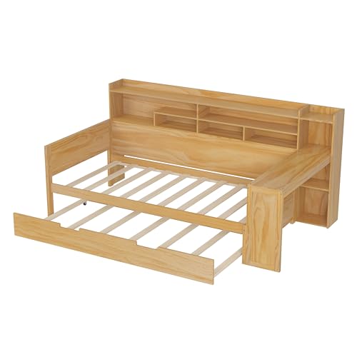 Corner Twin Bed Frame with Bookcase Storage and Desk, Wood Day Beds with 2 Drawers, Twin Size Daybed with Storage for Living Room