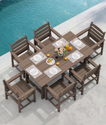SERWALL Outdoor HDPE Dining Table Set, 7-Piece Outdoor Dining Table Sets with Umbrella Hole Cut-Out Table and 6 Chairs, Gray