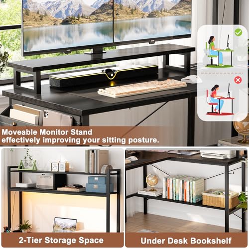 Aheaplus L Shaped Gaming Desk with Power Outlets & LED Lights, Small L- Shaped Desk Computer Corner Desk with Monitor Stand & Storage Shelf