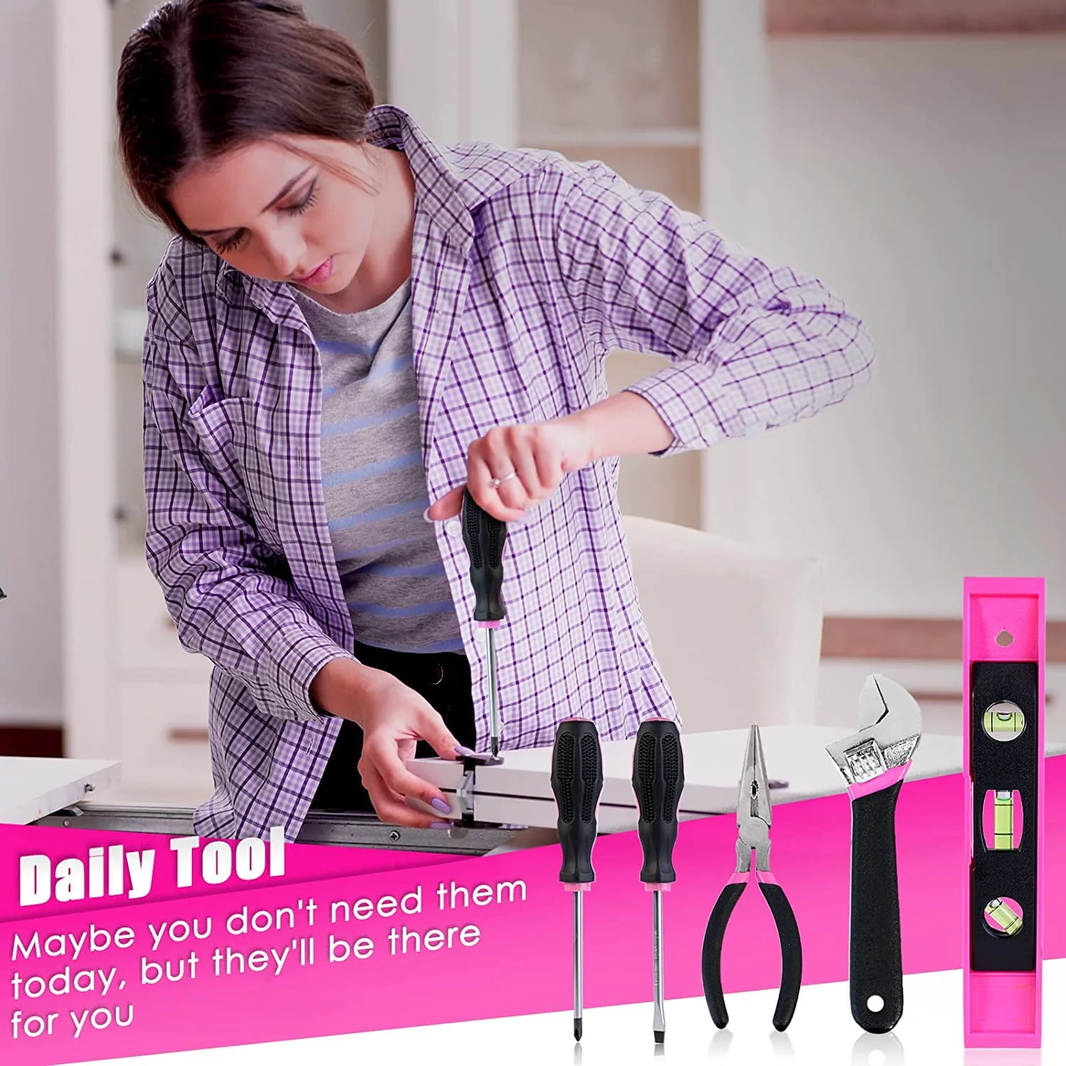 ThinkLearn Pink Tool Kit with 20V Cordless Drill(265in-lbs), Pink Drill Set for Women,Lady's Home Tool Kit for DIY