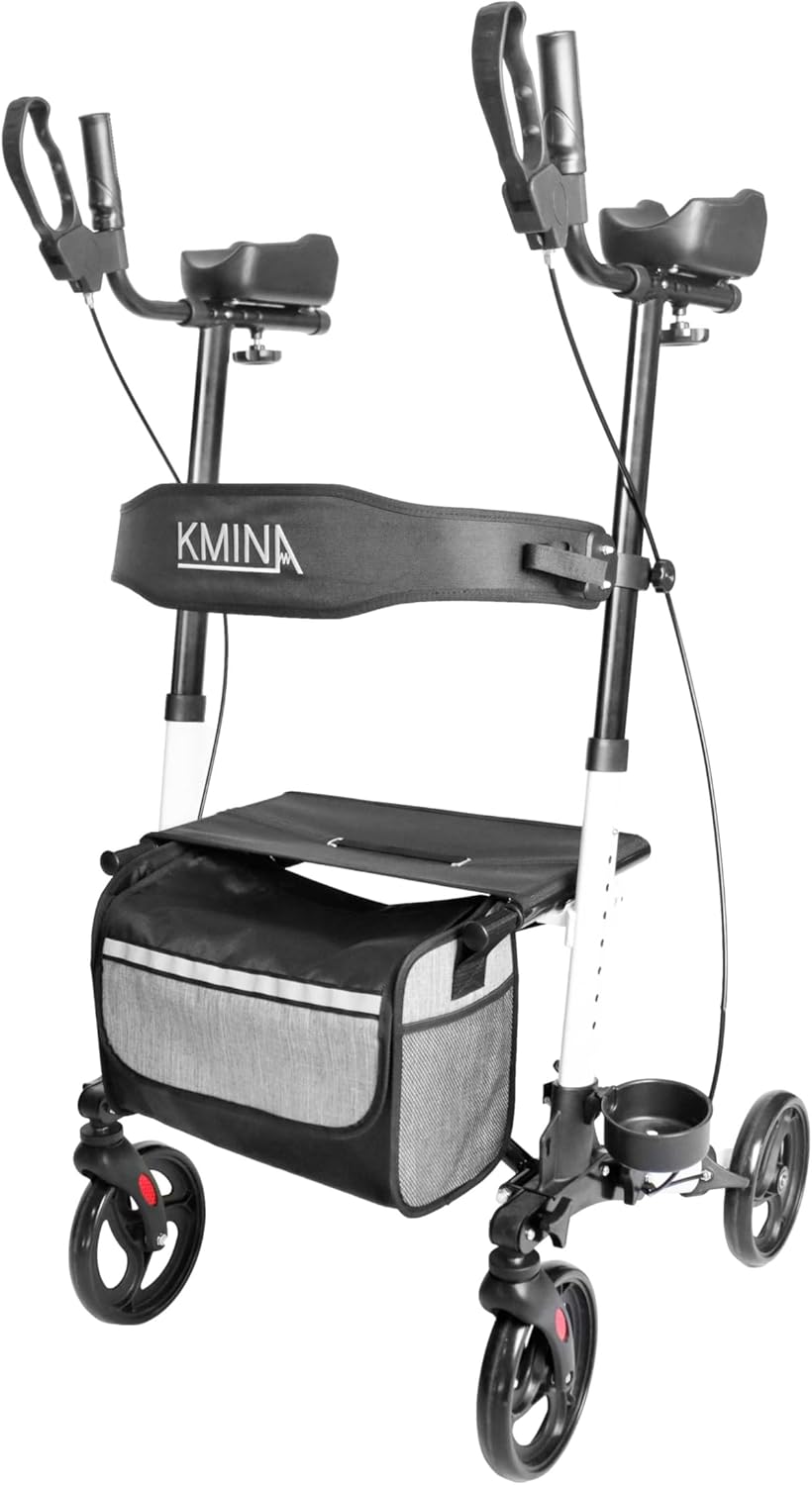 KMINA - Upright Rollator Walker with Seat and Back Support, Folding Stand Up Walkers for Seniors with Armrest, Upright Walkers for Elderly Adjustable