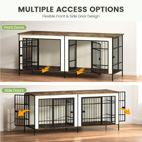Erinnyees 79" Double Dog Crate Furniture, Extra Large Dog Cage Large Breed, Wooden Dog Crate TV Stand, Furniture Style Dog Kennel with Divider, Beige