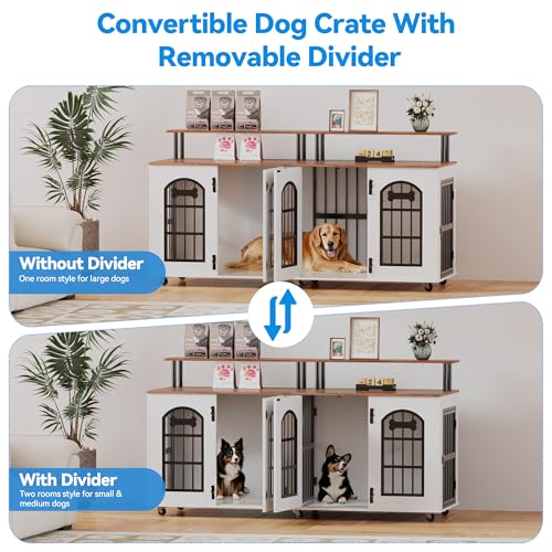 Double Dog Crate Furniture for 2 Dogs, 63" Indoor Wooden Dog Kennel for Medium Dogs with Divider, Wheels, Storage