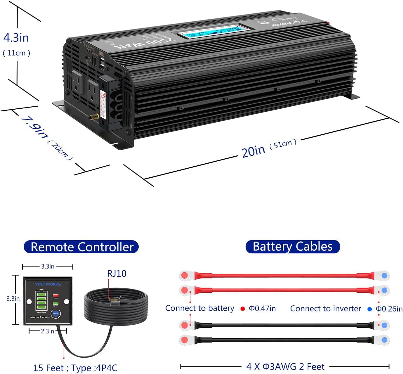 Pure Sine Wave 2500 Watt Car Power Inverter 2500w Converter DC 12V to 110V-120V AC with LCD Display 2 AC Outlets 2x2.4A USB Ports 1 AC Terminal Block