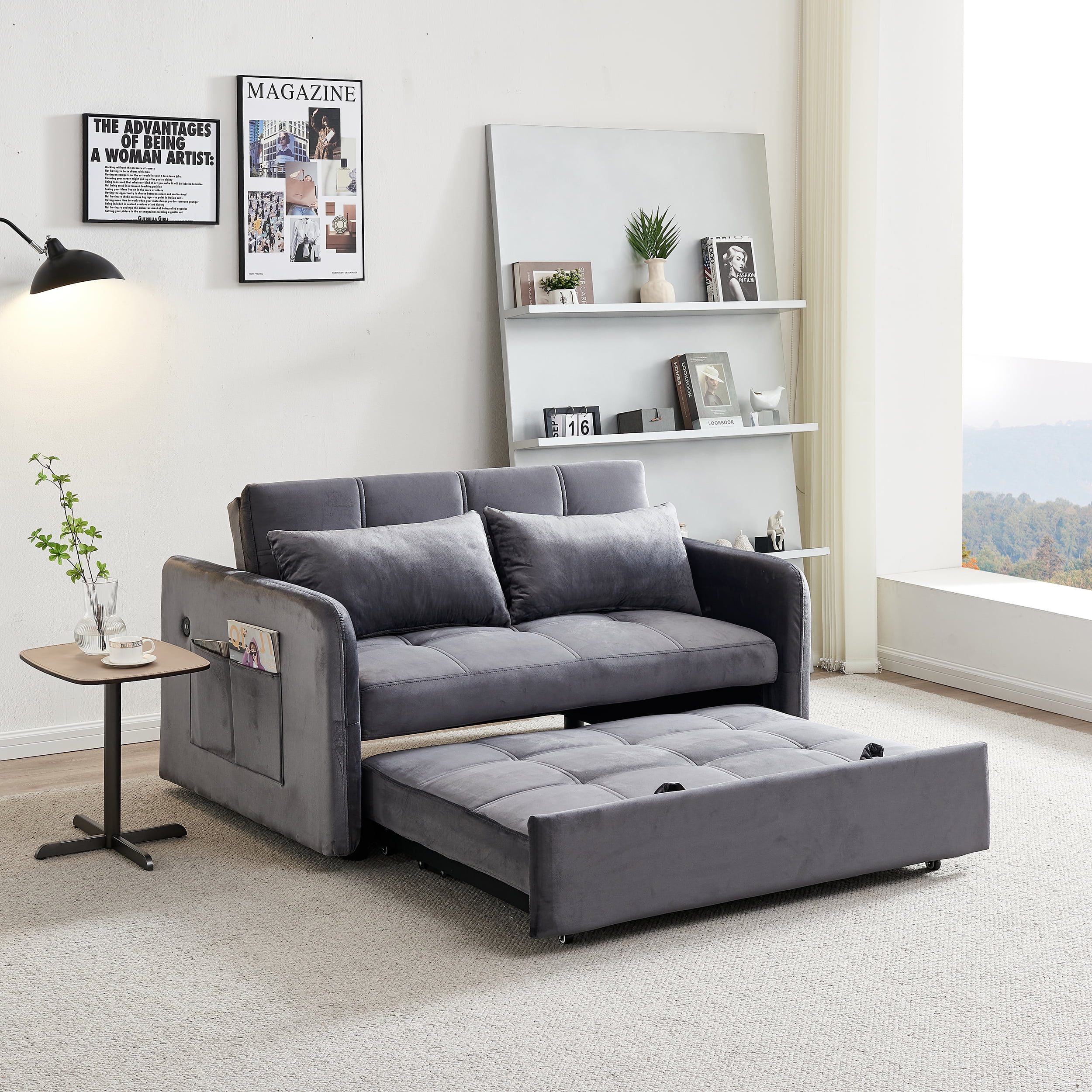 Modern Velvet Pull Out Convertible Sofa Bed, Folding Sleeper Couch Loveseat with Pillows and USB Port for Living Room Bedroom