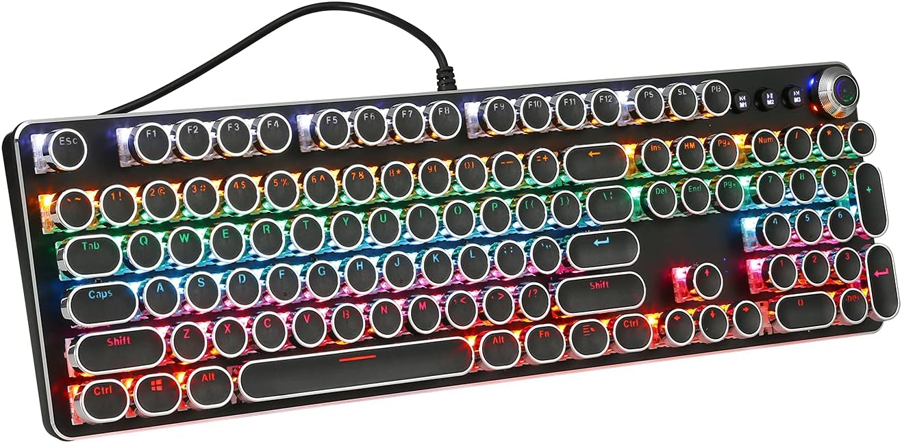Retro Typewriter Style Mechanical Gaming Keyboard-Blue Switches Rainbow Backlit 108 Keys for PC(White)
