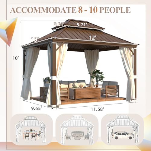 YOLENY 10' x 12' Hardtop Gazebo, Metal Gazebo with Aluminum Frame, Double Galvanized Steel Roof, Curtains and Netting Included