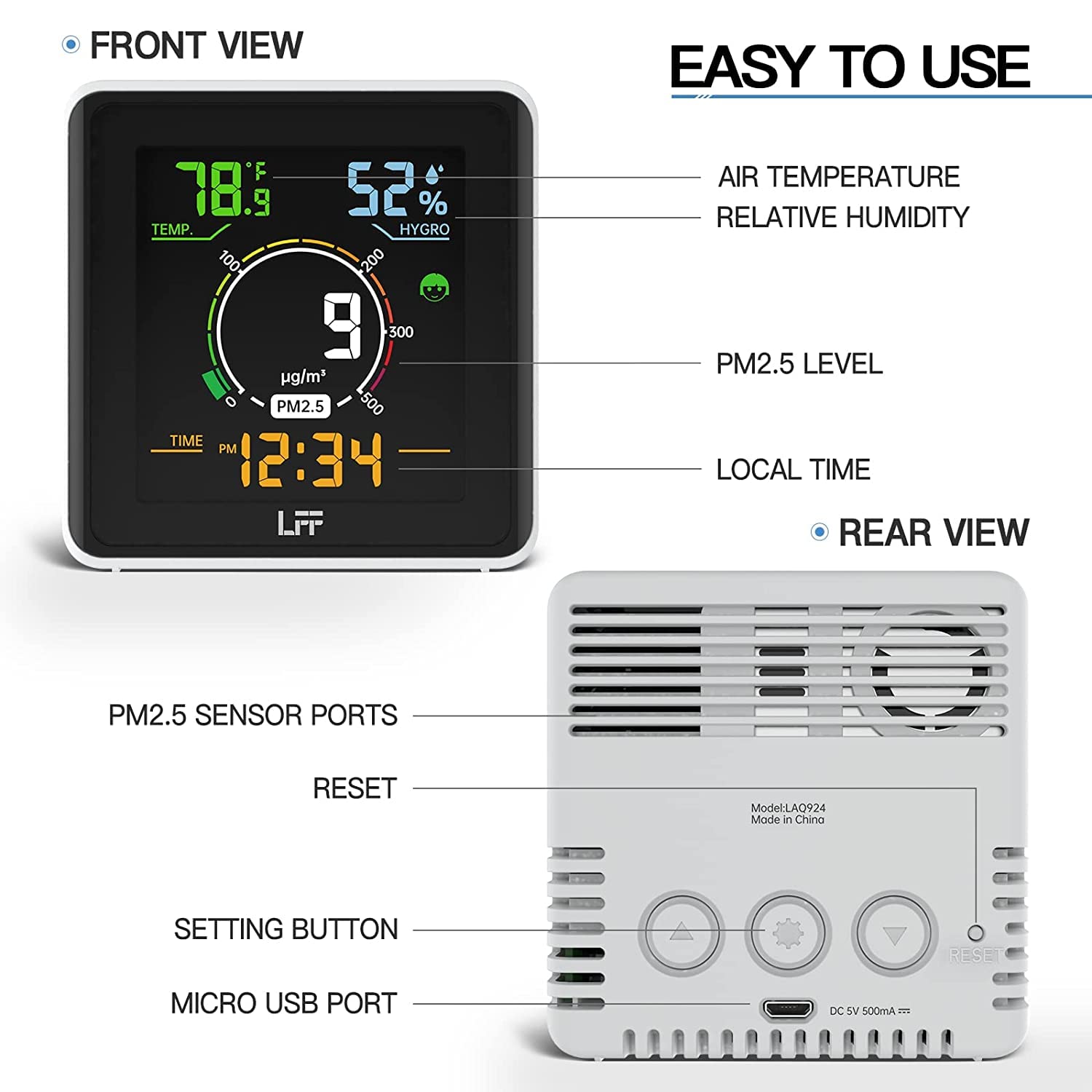 Indoor Air Quality Monitor, LFF PM2.5 Detector, Temperature Tester, and Humidity Monitor Meter Sensor for Home, Office, School, Hotel