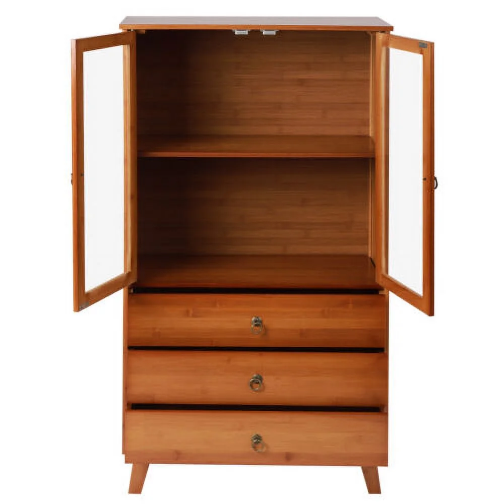 Wooden Storage Pantry Cupboard with 3 Drawers, Cabinets & 2 Acrylic Doors Brown