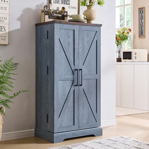 72" Tall Kitchen Pantry, Farmhouse Storage Cabinet with Barn Doors, Organizer, Drawer and Adjustable Shelves, Rustic Wood Cupboard for Kitchen