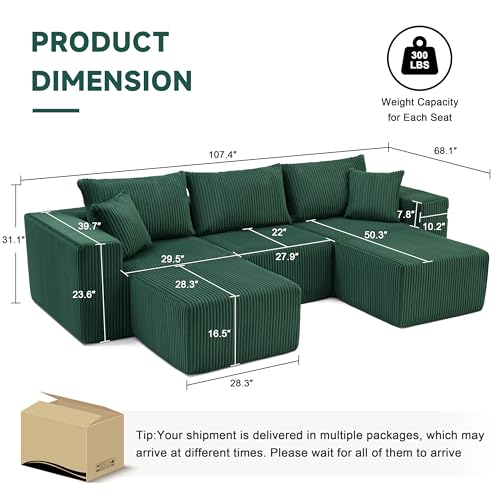 107.4" Cloud Couch Sectional, Modular Sofa with Deep Seat, Plush Corduroy L Shaped Boneless Couch, Convertible Sectional Couches for Living Room
