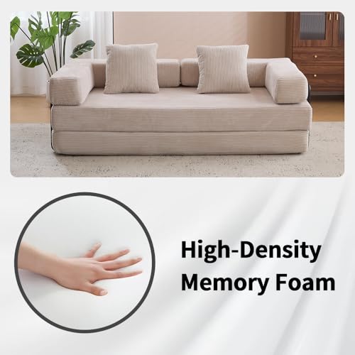 Convertible Sleeper Sofa Bed with Cylindrical Pillow, Corduroy Folding Mattress Couch with Fixed-Shape Frame