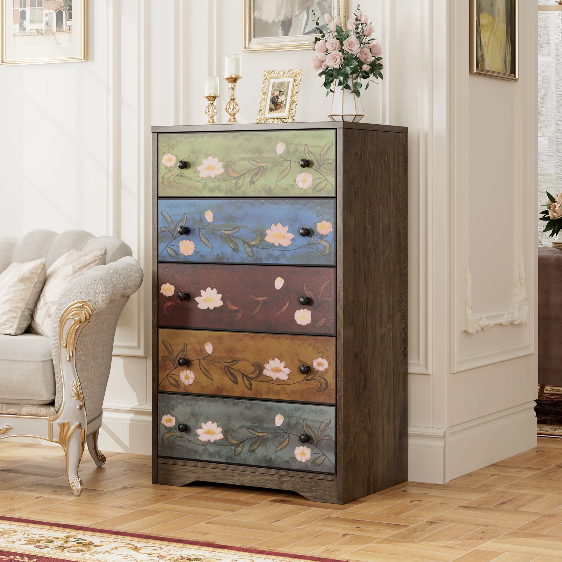 Homfa 5 Drawer Dresser for Bedroom, Boho Accent Dresser Chest of Drawers for Entryway Living Room