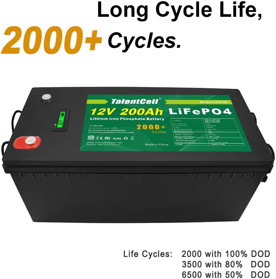 TalentCell 12V 200Ah Lithium Iron Phosphate Deep Cycle Battery Pack, Rechargeable LiFePO4 Batteries Over 2000 Cycles